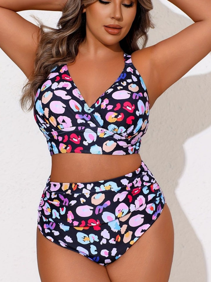 Plus Size Colorful Leopard Print Criss Cross Bikini Set