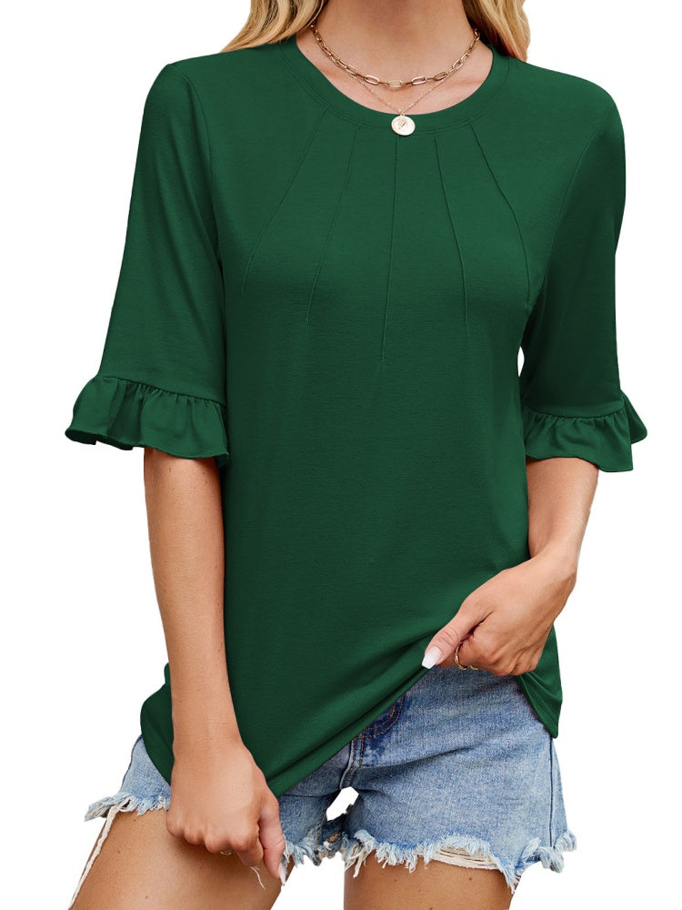 Pleated Ruffle Cuff Mid-Sleeve Blouse