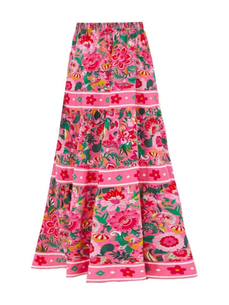 Vibrant Floral Tie Shoulder One Piece Swimsuit &amp; Tiered Maxi Skirt Set