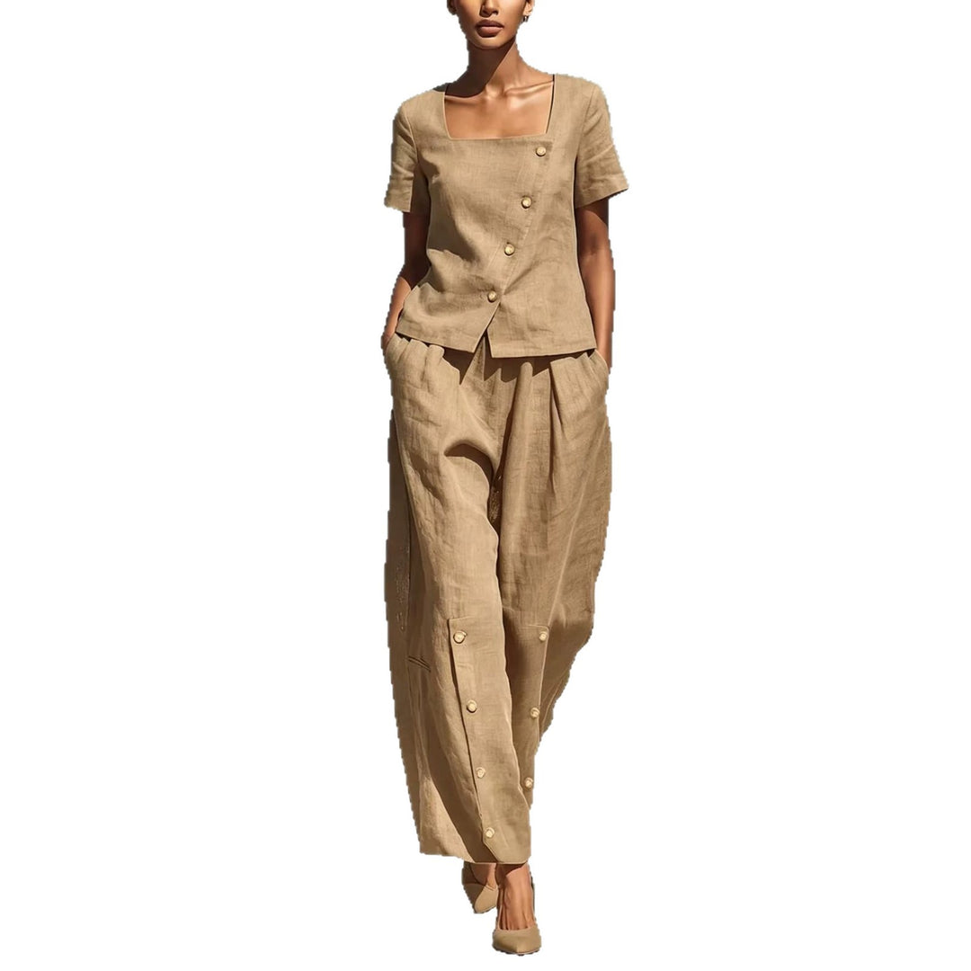 Stylish solid color loose short-sleeved top and high-waisted trousers two-piece set