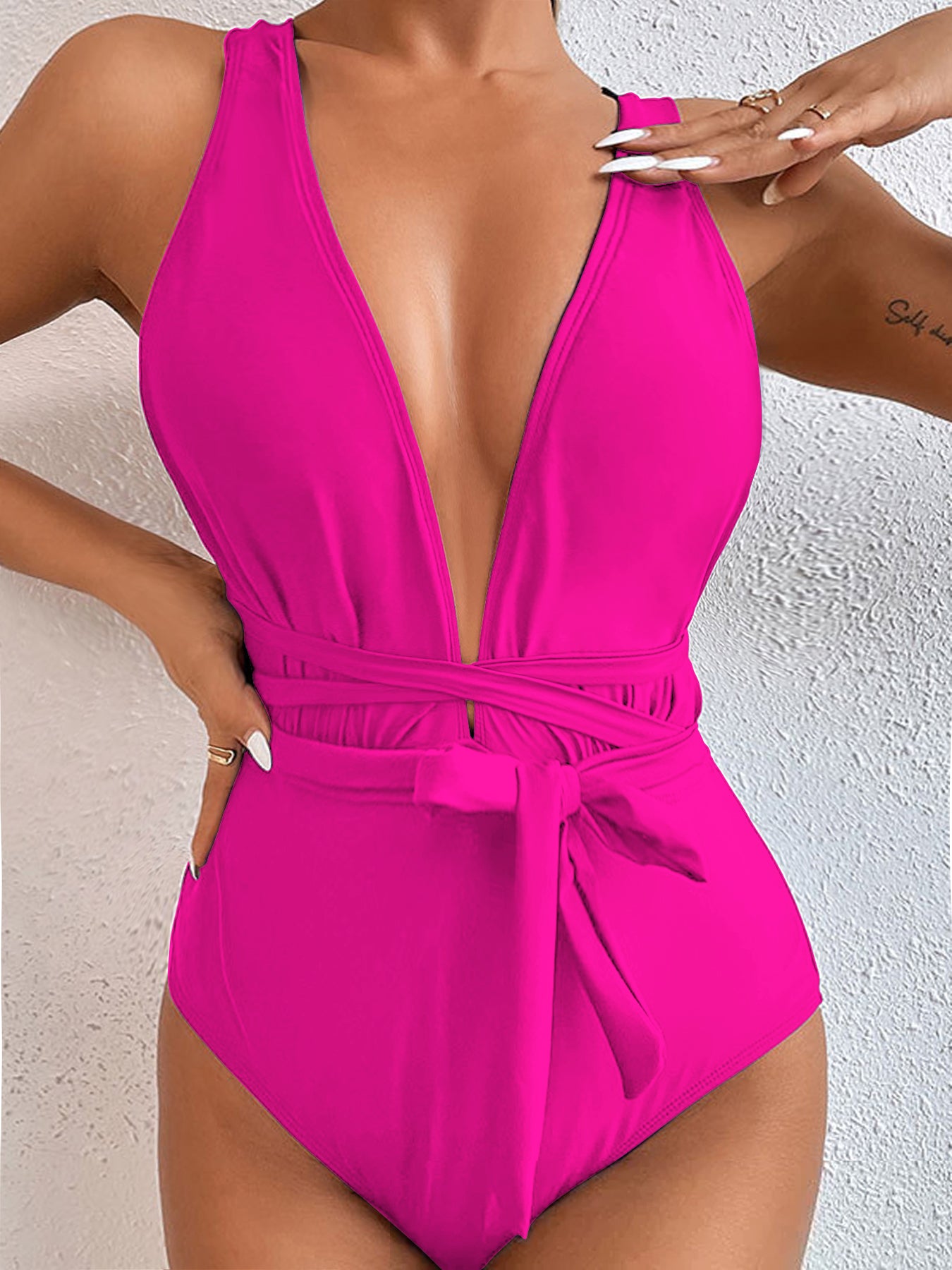 Elegant Deep V One-Piece Swimsuit with Waist Tie – Multiple Colors