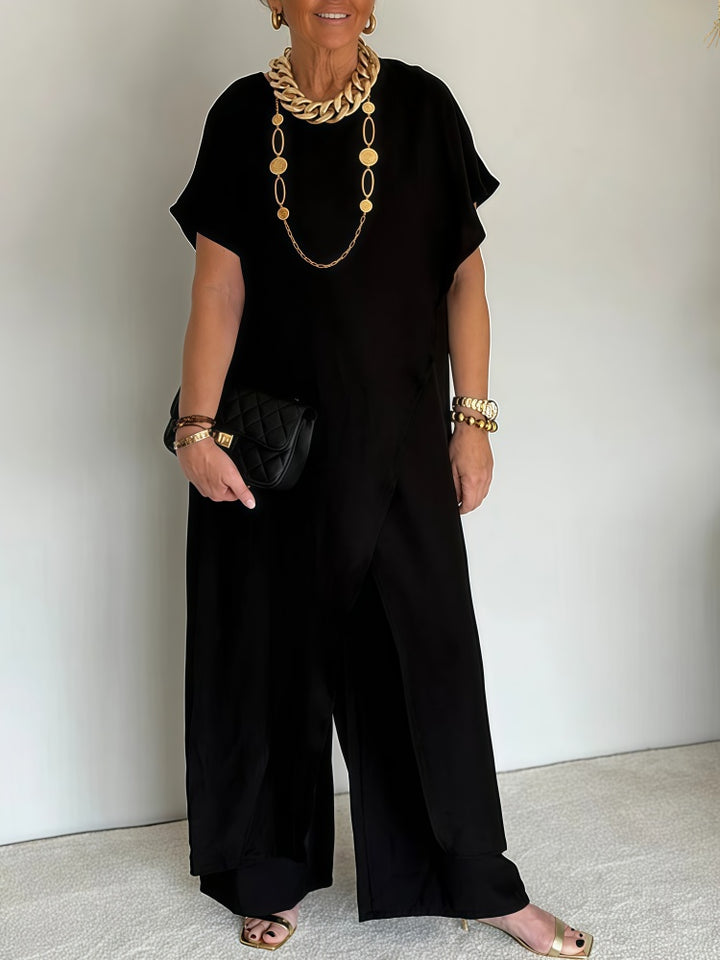 Two-piece set: loose-fitting, slit-front, belted top and wide-leg pants