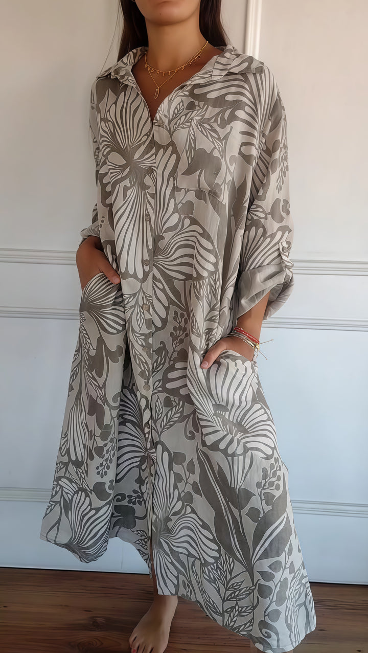 Women Tropical Leaf Print Button Down Shirt Dress