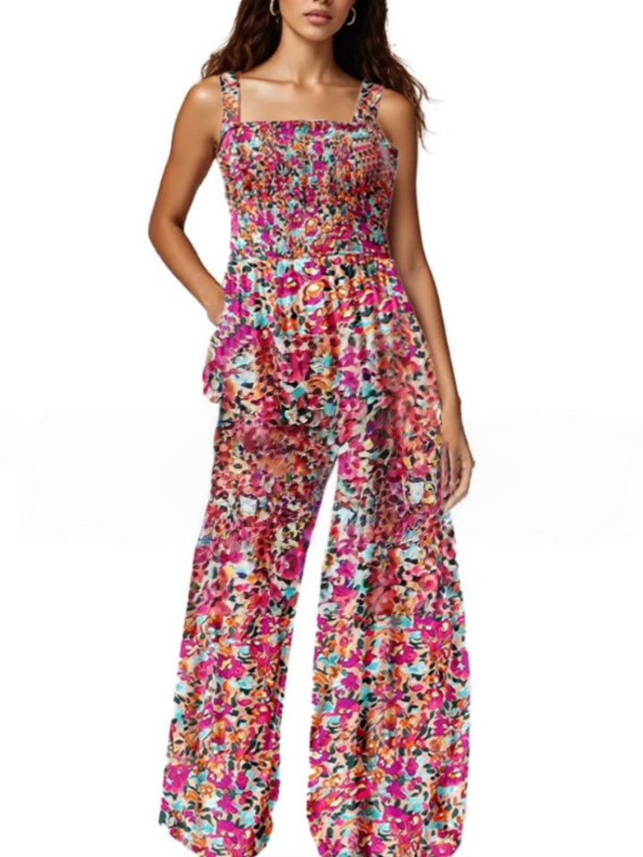 Smocked Square Neck Wide Leg Floral Jumpsuit