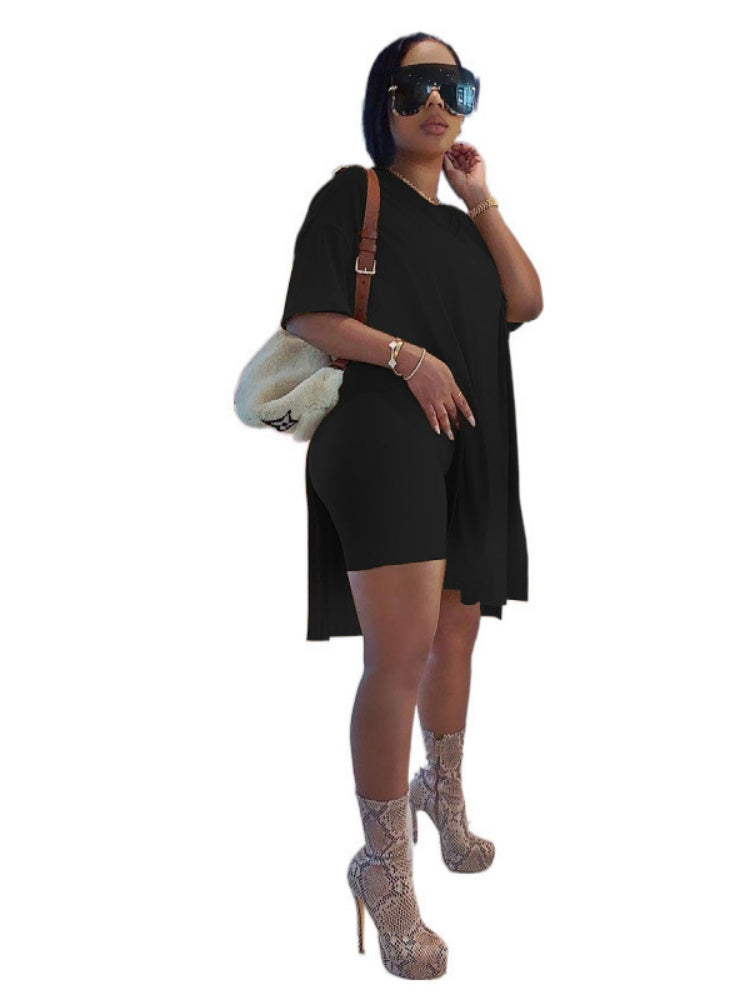 Side-slit long top and shorts two-piece set