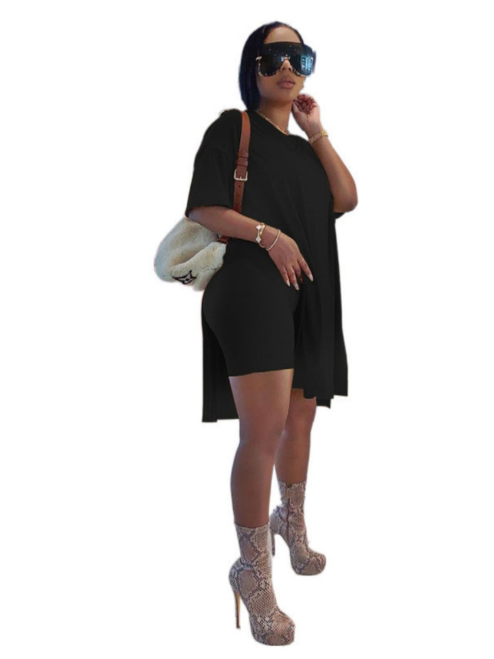 Side-slit long top and shorts two-piece set