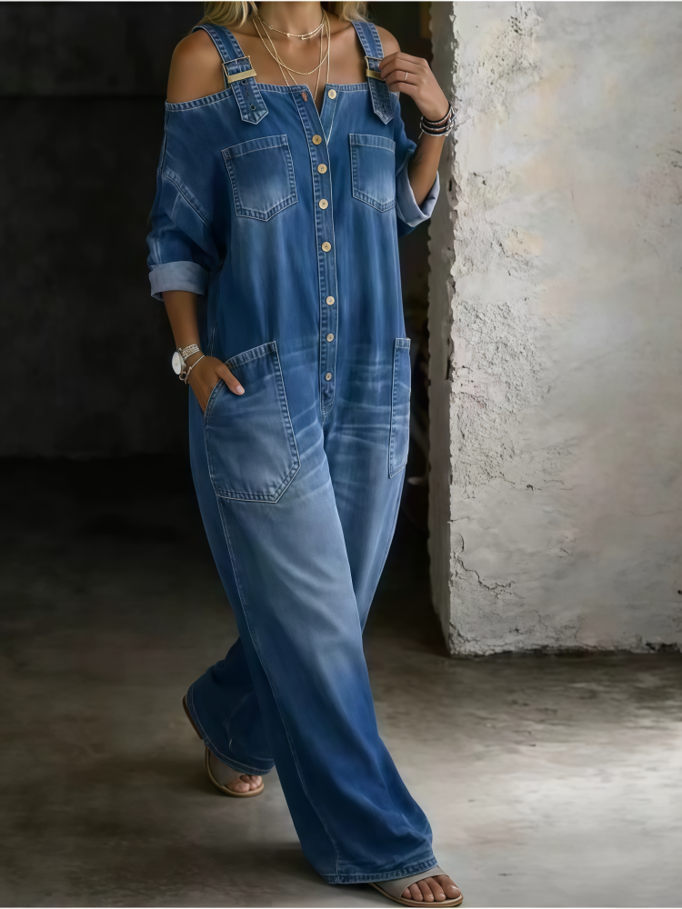 Adjustable Strap Off Shoulder Wide Leg Denim Jumpsuit