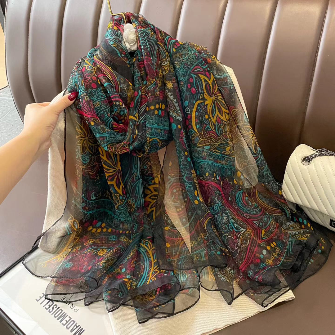 Sheer Artistic Floral Long Scarf Shawl