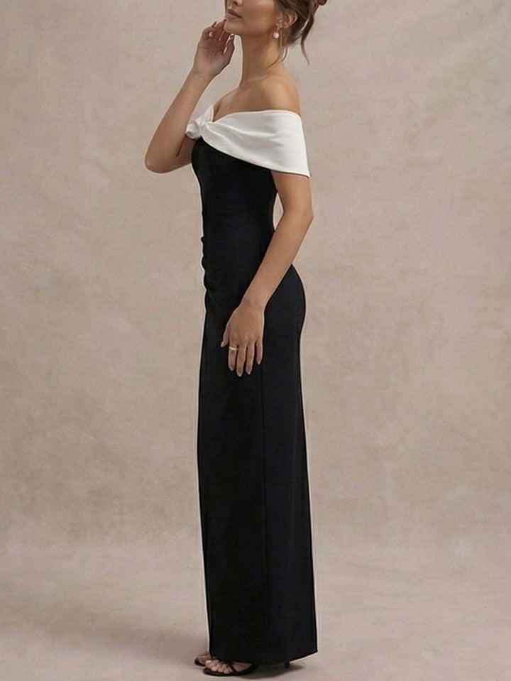 Black and white patchwork off-shoulder bodycon maxi dress