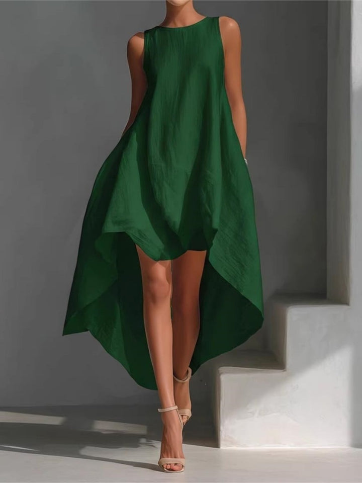 Sleeveless cotton-linen dress with a high-low hem