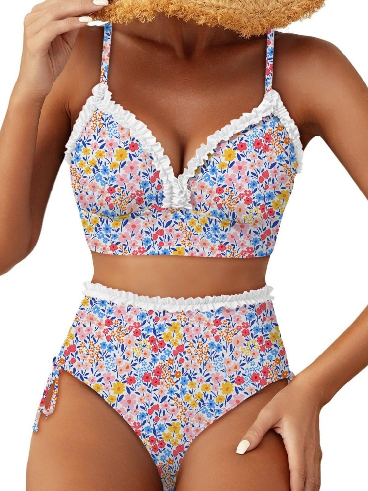 Ruffle Trim Striped High Waisted Bikini Set