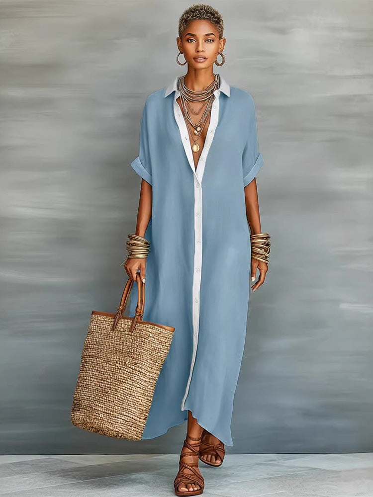 Color-blocked loose-fitting cotton and linen long shirt dress