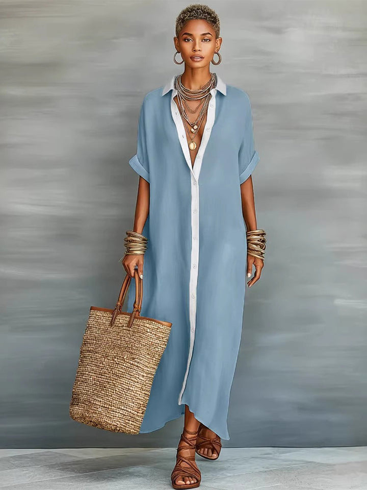 Color-blocked loose-fitting cotton and linen long shirt dress
