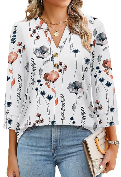 3/4 Sleeve V-Neck Henley Blouse