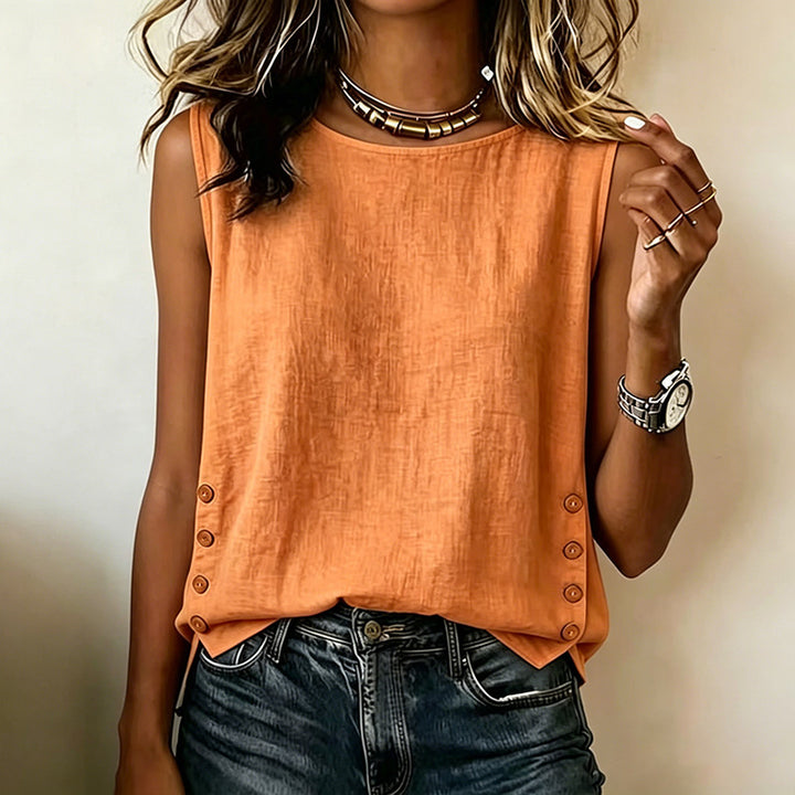 Round neck casual loose button cotton linen solid color T-shirt