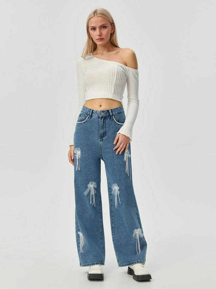 High Waist Wide Leg Jeans With Tulle Bow &amp; Pearl Tassel Decor