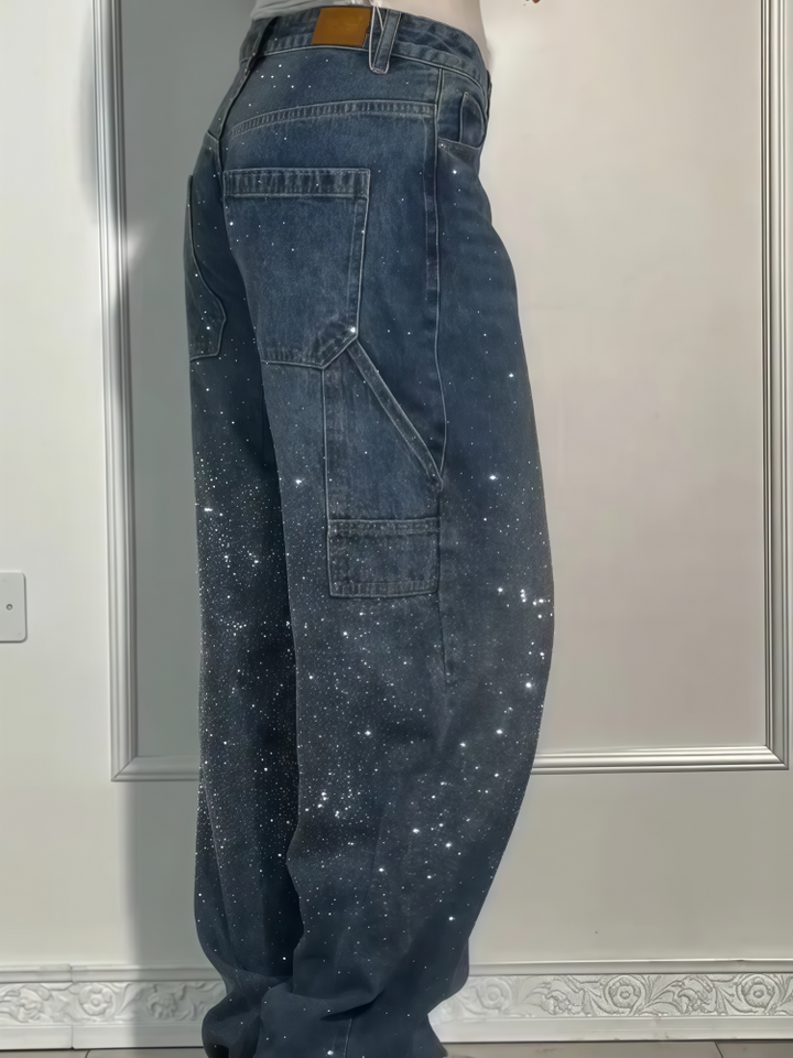 High Waist All Over Rhinestone Straight Leg Cargo Jeans