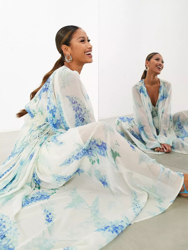 Floral Print Chiffon Balloon Sleeve Maxi Dress