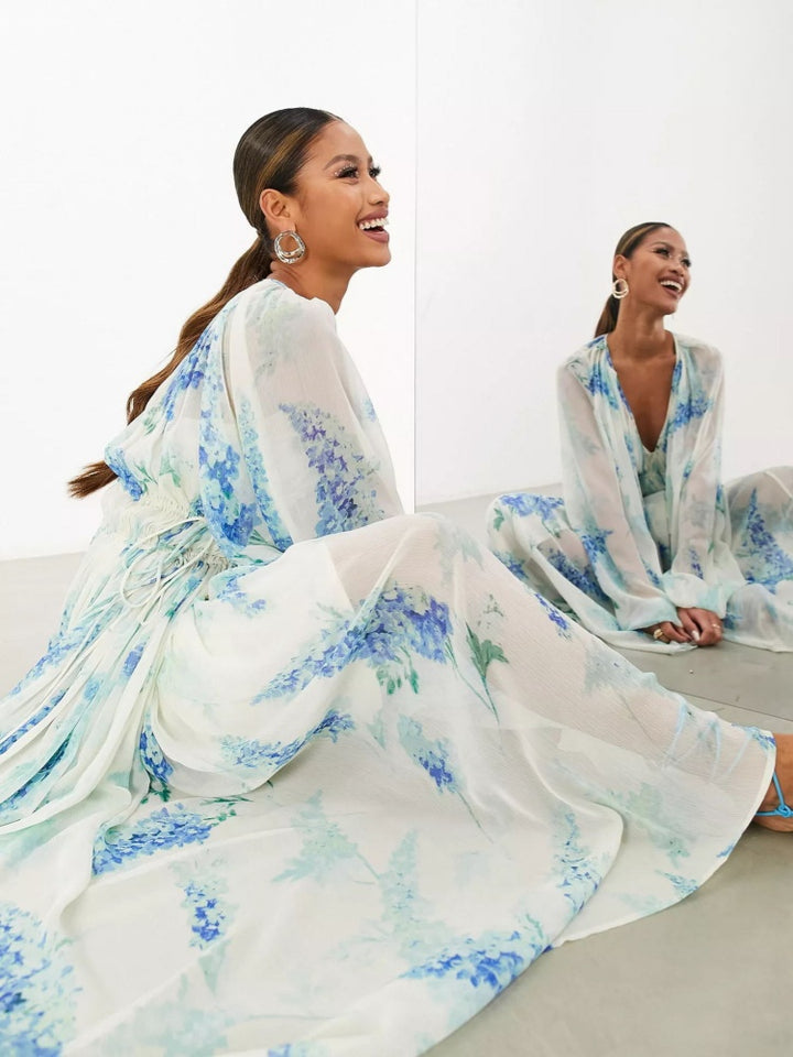 Floral Print Chiffon Balloon Sleeve Maxi Dress