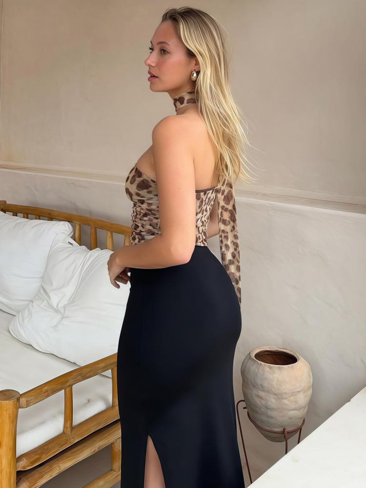 Leopard Print Halter Ruched Crop Top