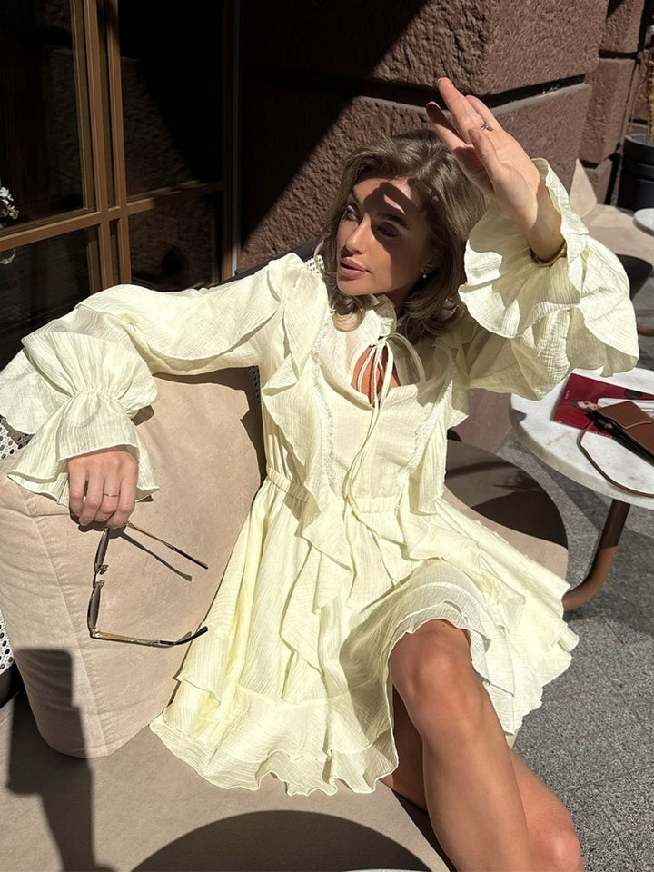 Ruffled Long Sleeve Mini Dress - Tie-Neck Flowy Lyocell Shift Dress