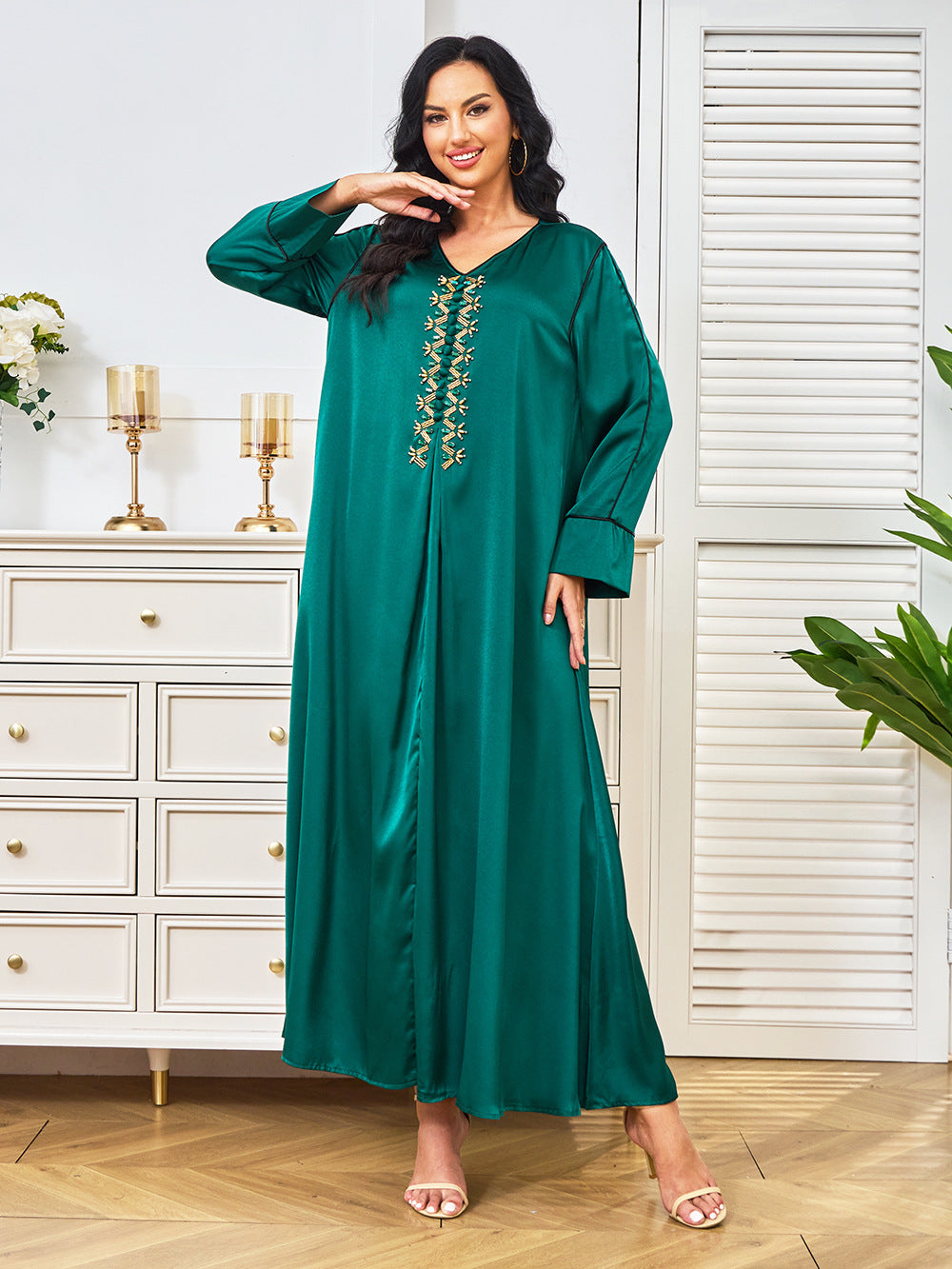 Emerald Green Satin Abaya Maxi Dress with Gold Embroidery