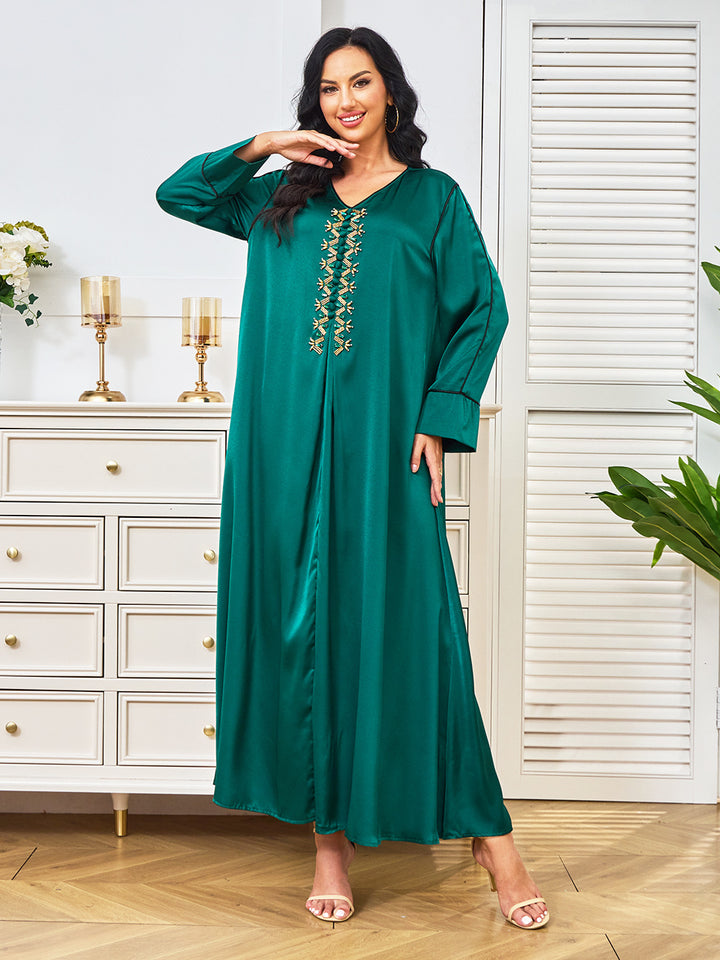 Emerald Green Satin Abaya Maxi Dress with Gold Embroidery