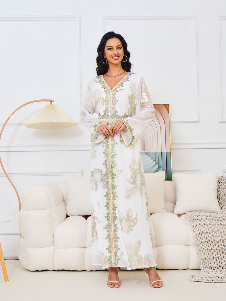 Gold Foil Floral Embroidered Abaya Maxi Dress