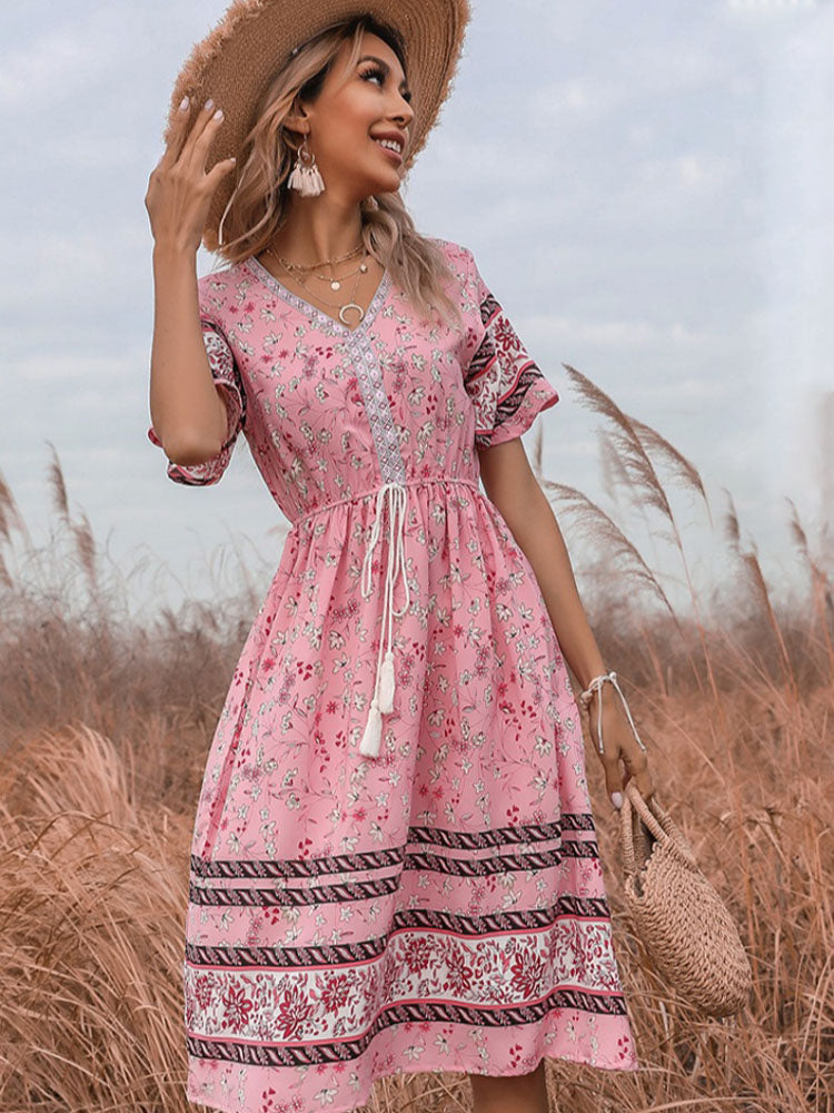 V-neck floral elastic waist dress