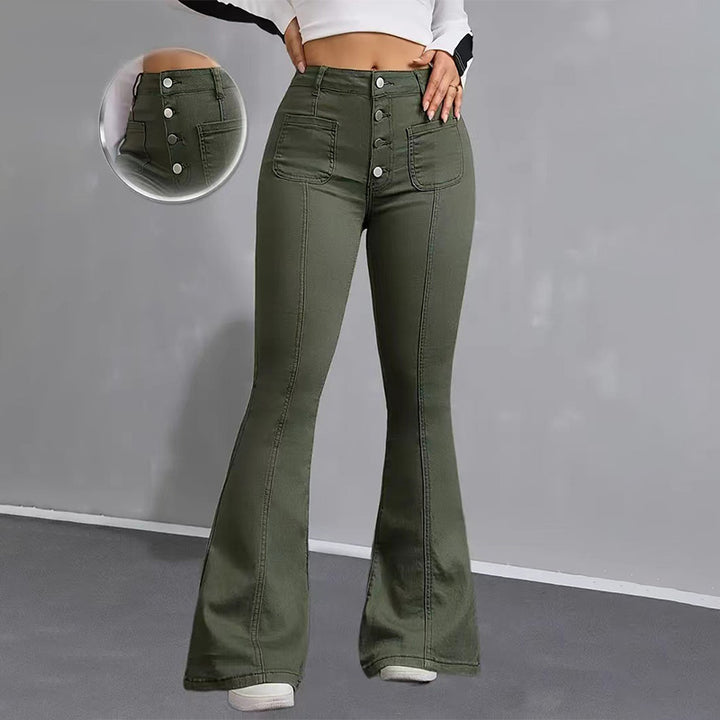 Elastic flared patchwork multi-pocket jeans