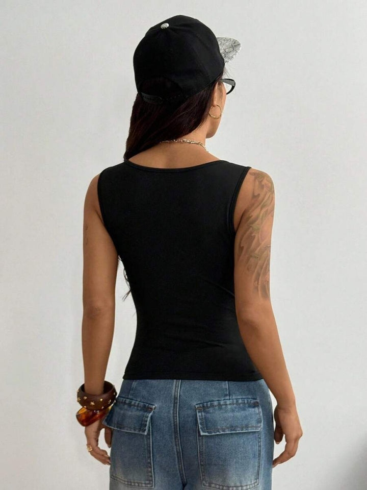 Eyelet Crop Tank Top - Square Neck Sleeveless Fitted Camisole