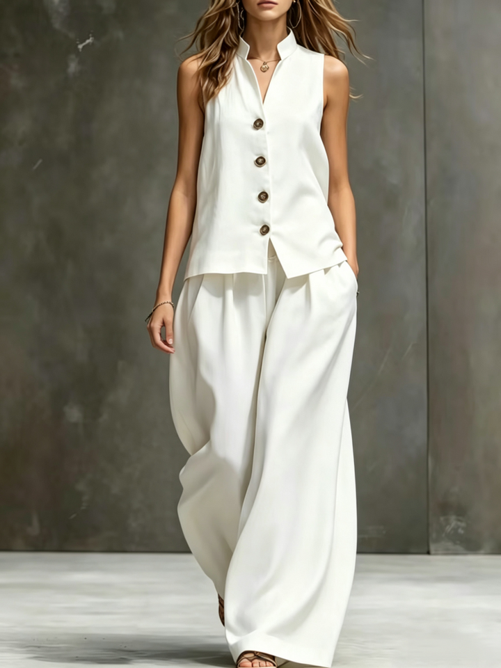 Sleeveless vest, wide-leg pants, cotton and linen two-piece set