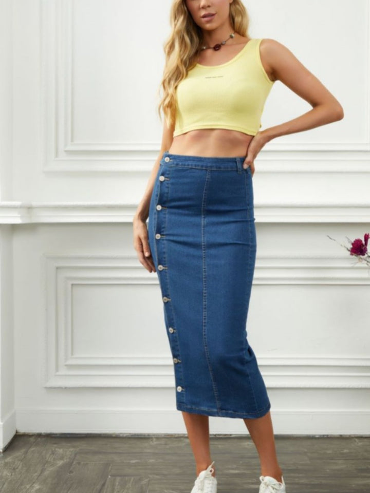 Button Front Denim Midi Skirt