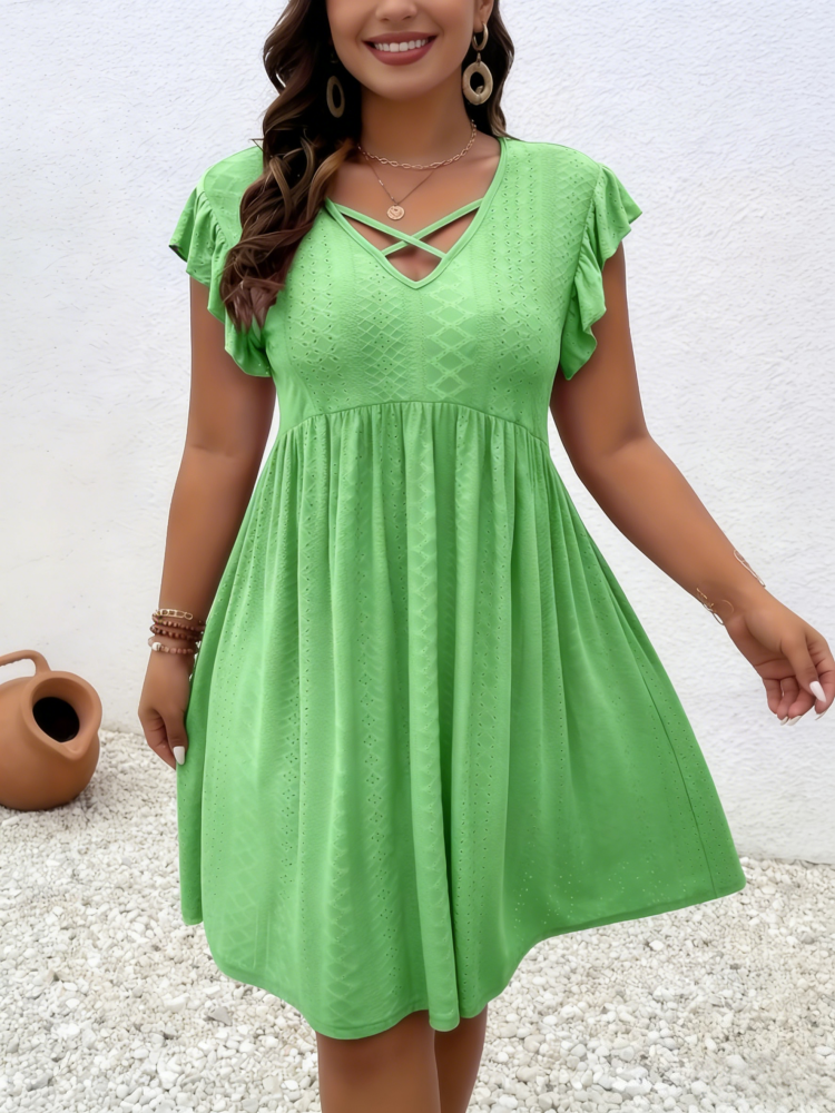 Plus Size Flutter Sleeve V-Neck Dress