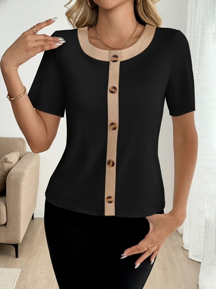 Contrast Trim Button-Front Ribbed Knit Top
