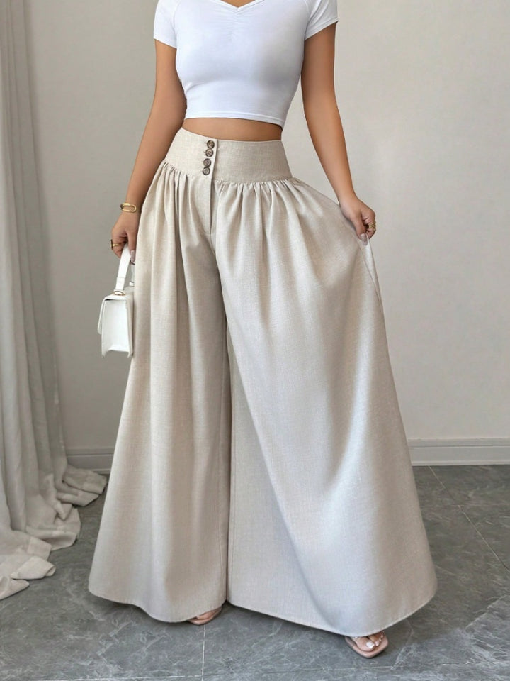 High Waist Button Front Pleated Wide Leg Palazzo Pants