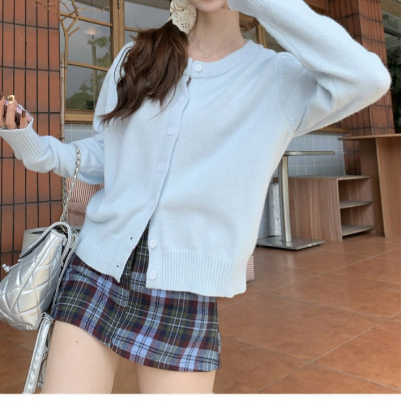 Solid Color Crew Neck Knit Cardigan