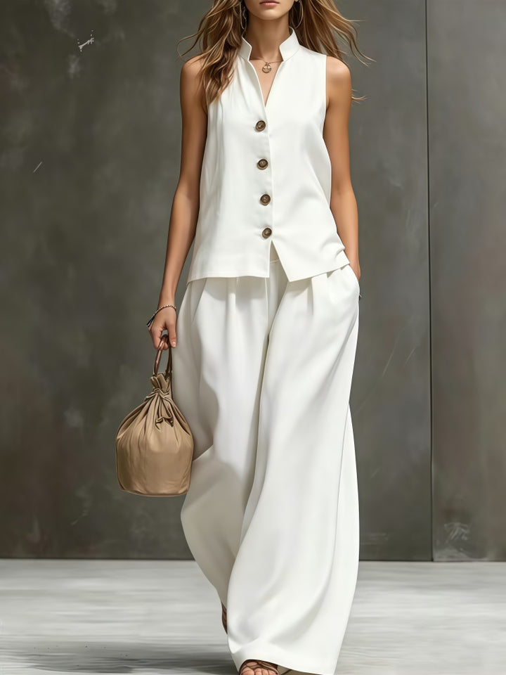 Sleeveless vest, wide-leg pants, cotton and linen two-piece set