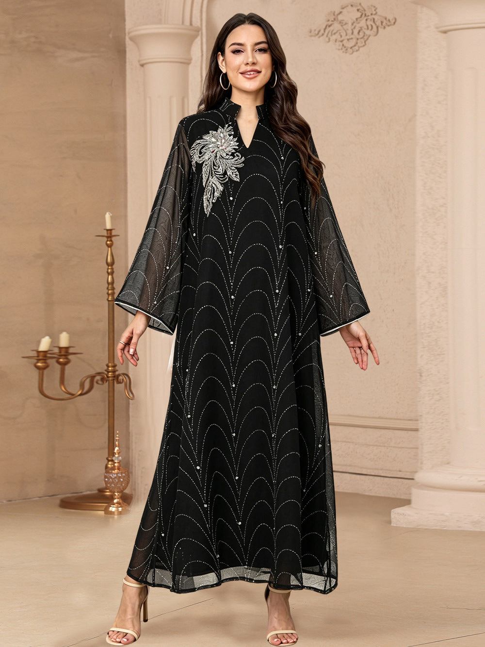 Crystal &amp; Floral Applique Embellished Abaya Maxi Dress