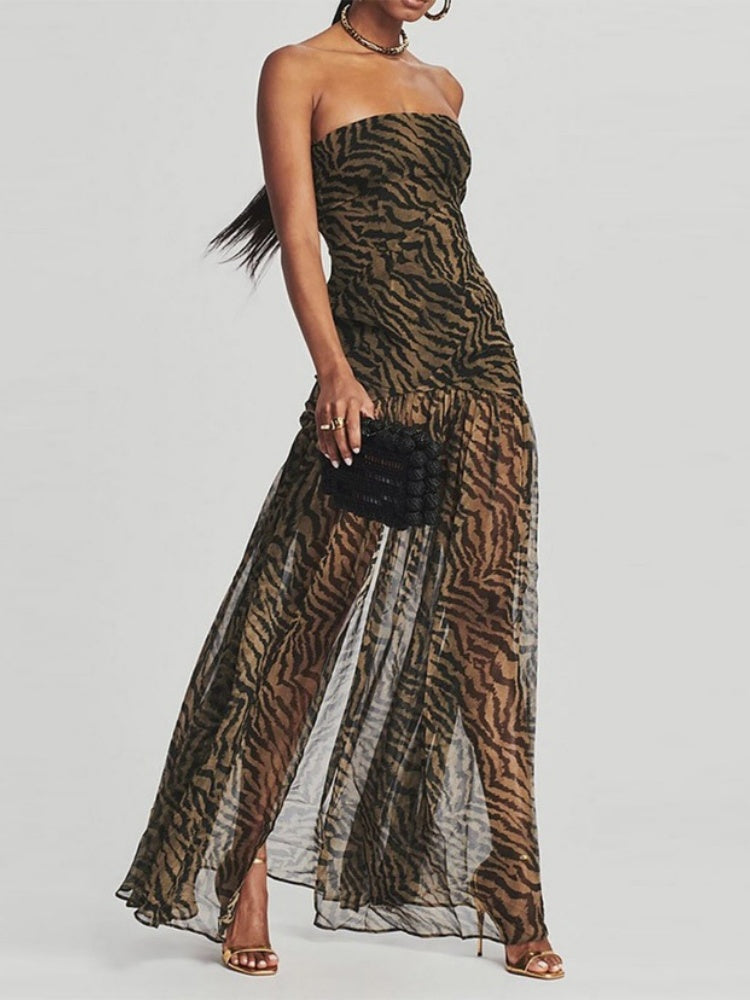 Zebra Print Strapless Mesh Maxi Dress