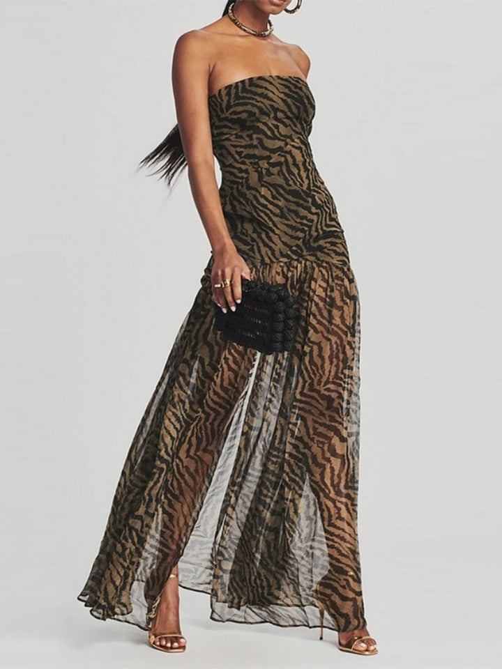 Zebra Print Strapless Mesh Maxi Dress