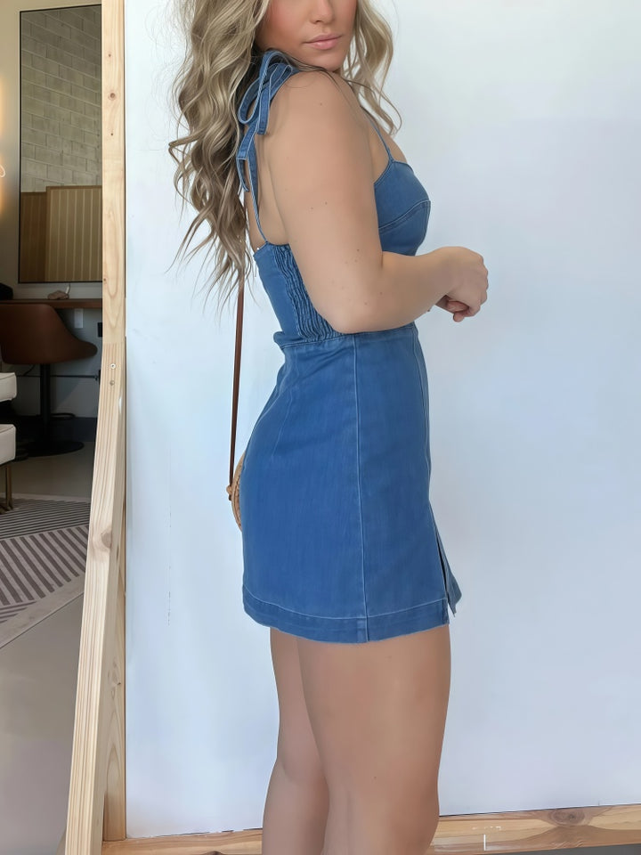 Spaghetti Strap Square Neck Split Mini Denim Dress