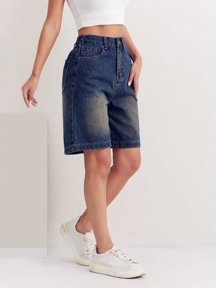 High Waist Vintage Washed Wide Leg Bermuda Denim Shorts