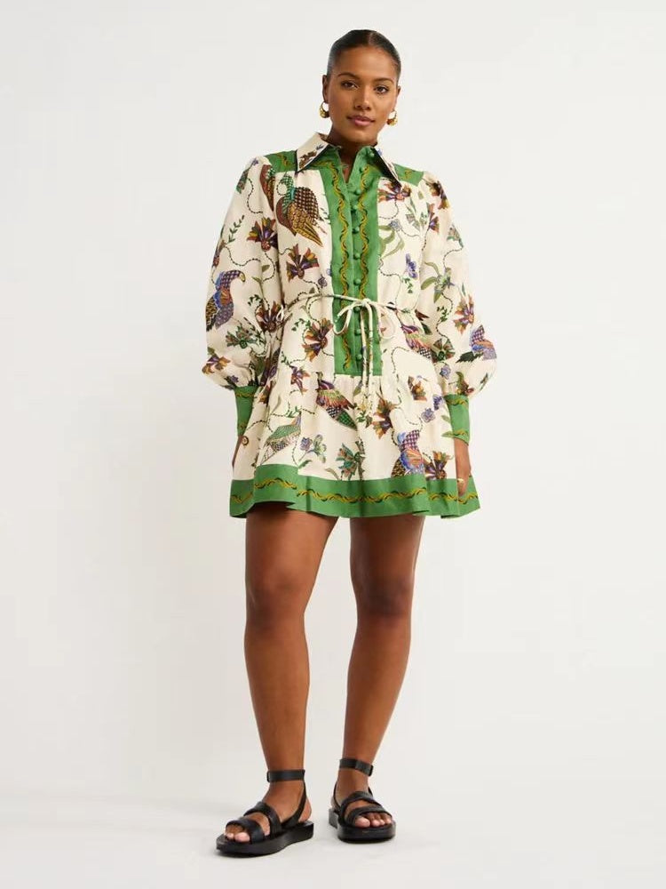 Vibrant Floral Peacock Print Puff Sleeve Belted Shirt Mini Dress