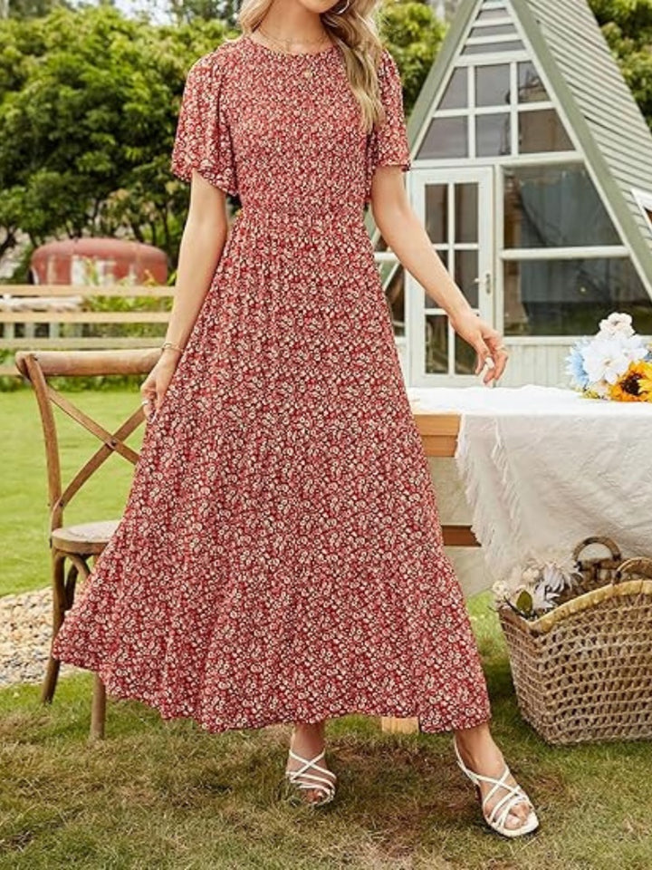 Floral Print Flutter Sleeve Tiered Maxi Dress