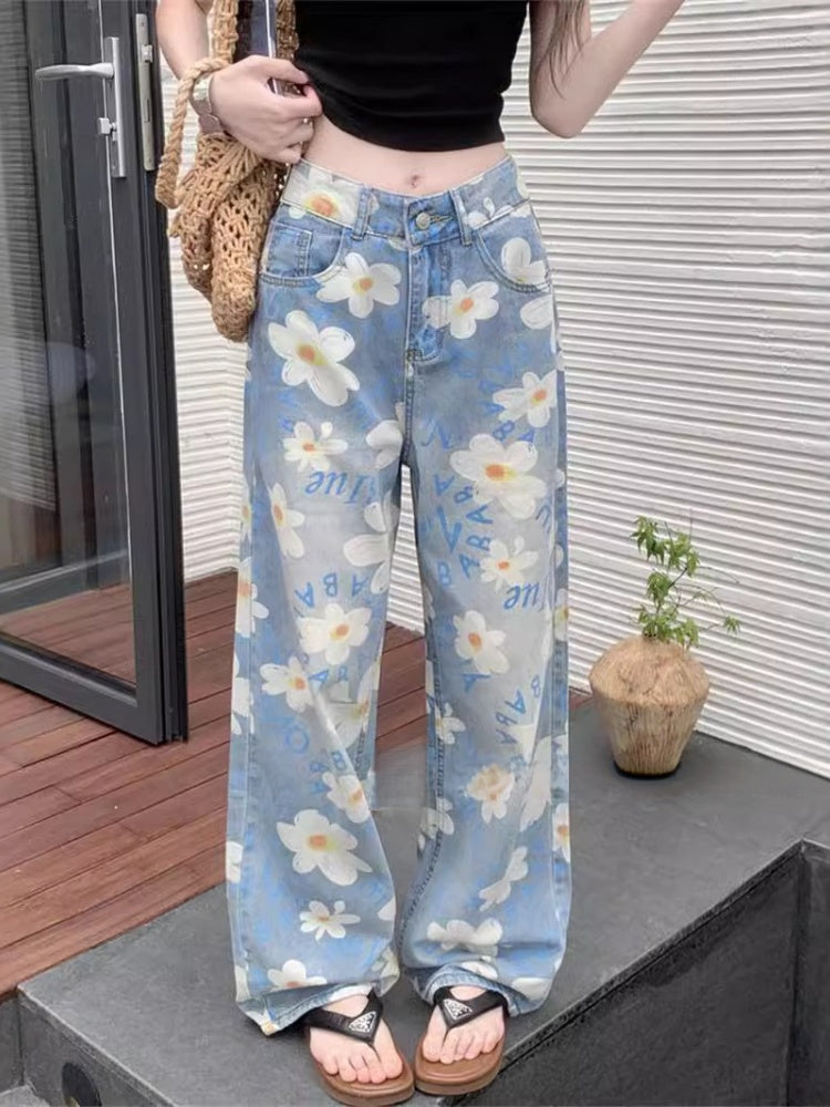 Floral Print High Waisted Wide Leg Denim Jeans