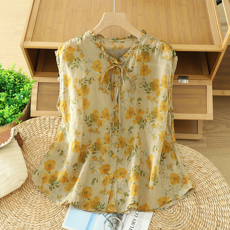 Ruffle Neck Tie Front Floral Linen Blend Sleeveless Blouse