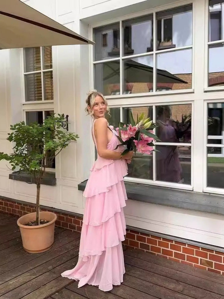 Ruffle Backless Formal Dress