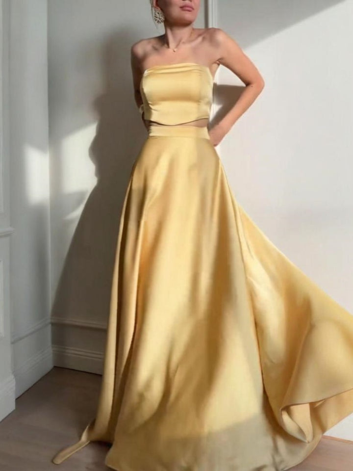 Gold Satin Strapless Cut-Out Two Piece Maxi Skirt Set