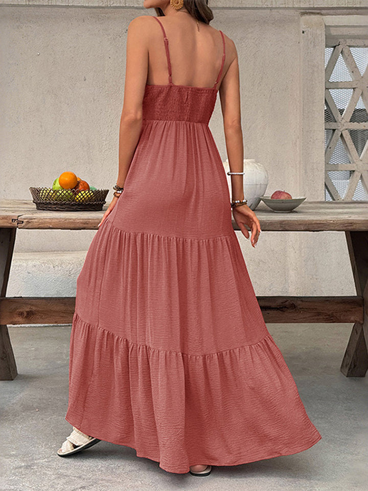 Solid color fitted waist V-neck suspender dress